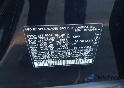 2025 Volkswagen Atlas Cross Sport 2.0T Se W/Technology z USA, uszkodzony, nr VIN 1V2WE2CA8SC200247